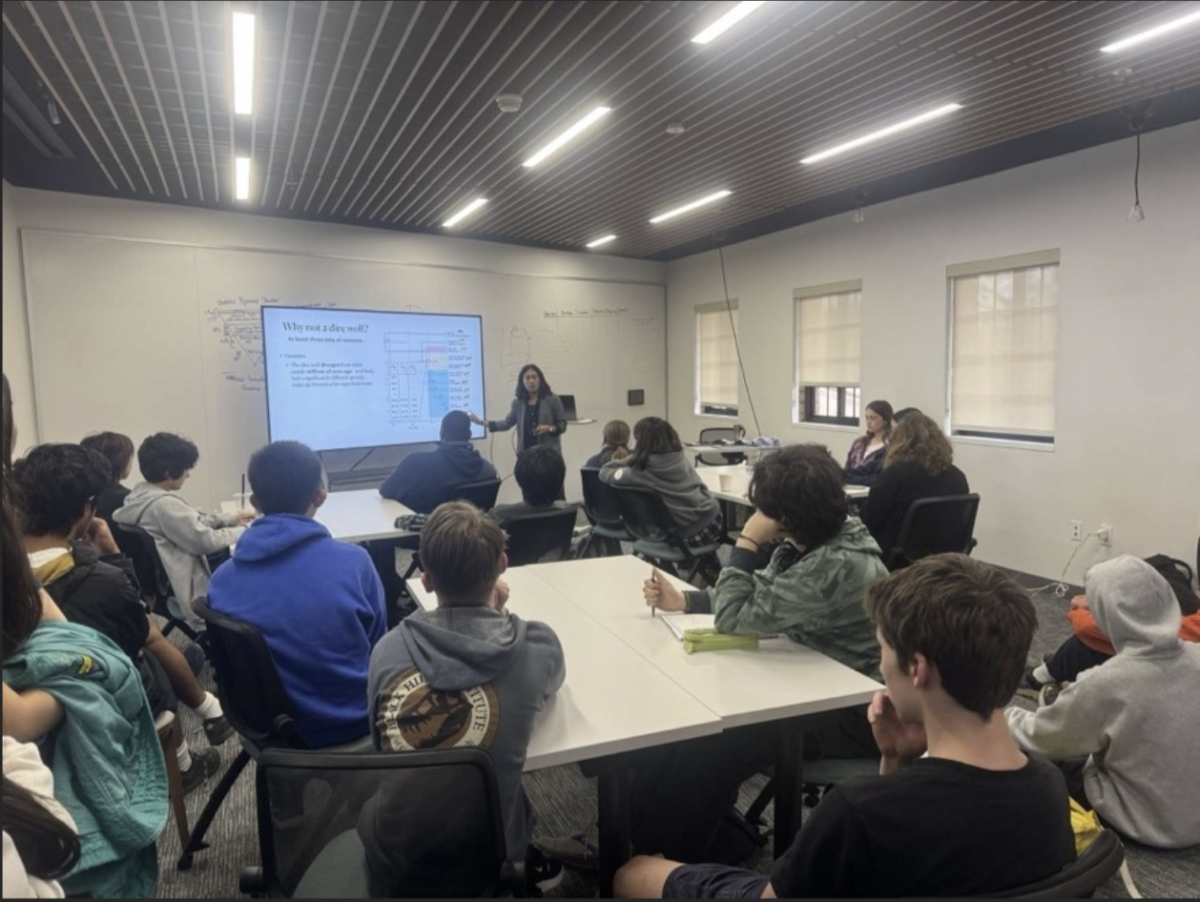 Webb Students and faculty gathered in the newly completed innovation lab to listen to a lecture on Dire wolves given by faculty member Mairin Balisi. Sitting in chairs or on the floor, students and faculty learn about the truth of the de-extinction of dire wolves.  “I was honestly really impressed at the information Dr. Balisi had to offer. The extinction of dire wolves being not completely true was a bummer,” said Saira Bhagat (‘25). 